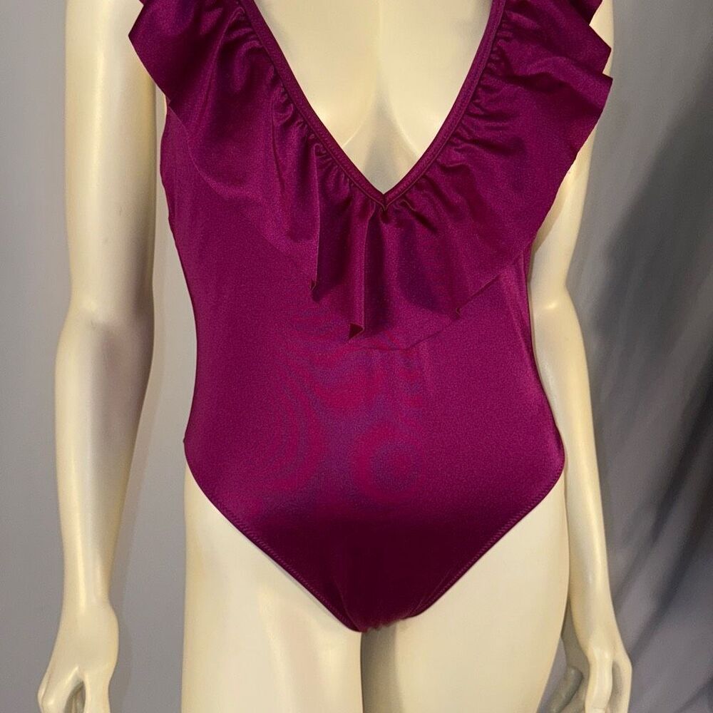 PINK Victoria's Secret One Piece Ruffle Swimsuit Deep V Violet Purple Medium‎ - Picture 3 of 15